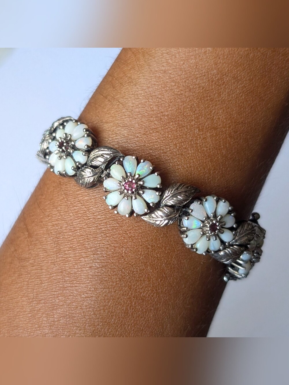 Vintage sterling silver Art Deco style opal garnet gem  flower floral Bracelet